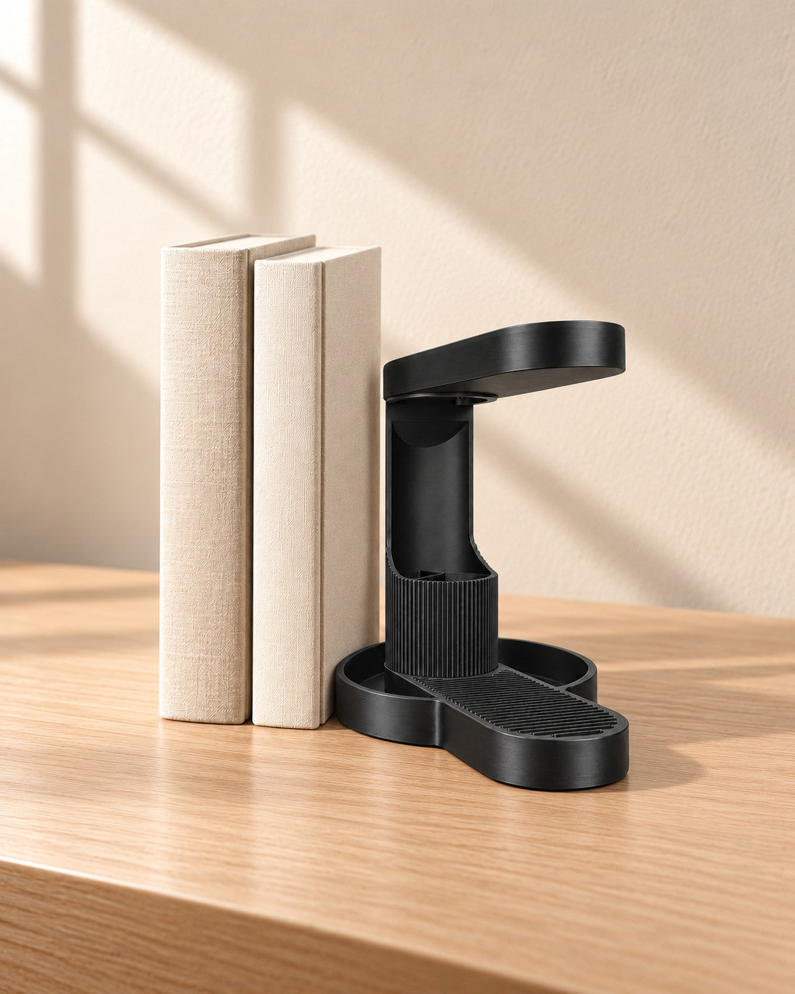 Tower Headphone Stand in a calm, softly lit interior, shown at true scale