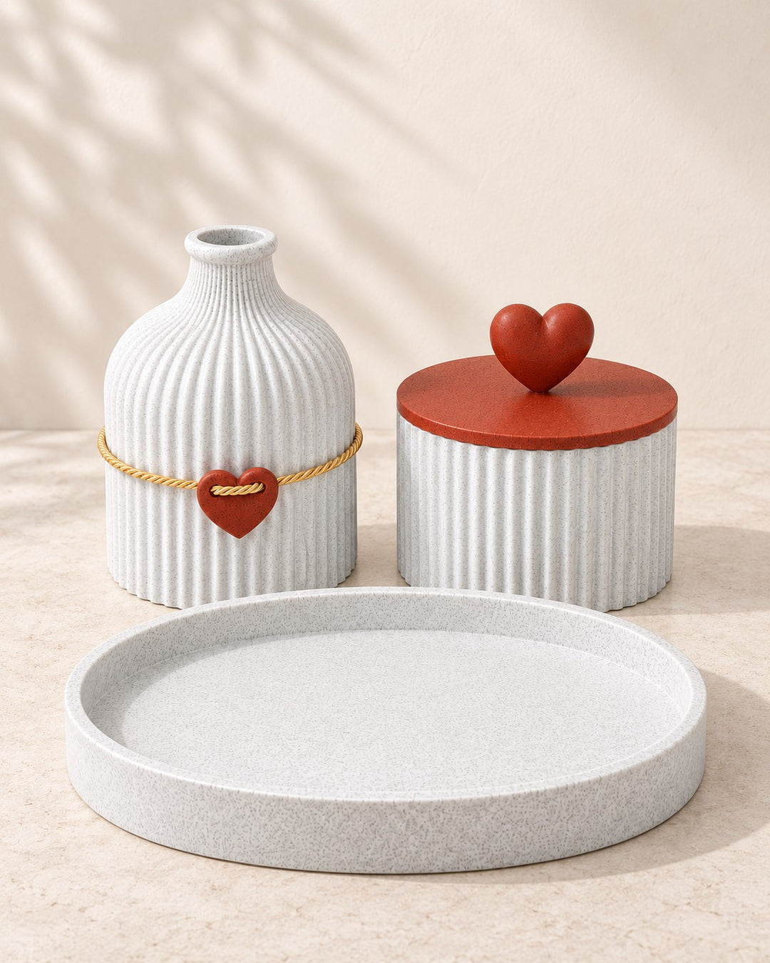 Four-Piece Vanity Set: Fluted vase, heart-lidded trinket pot and oval tray in white and red