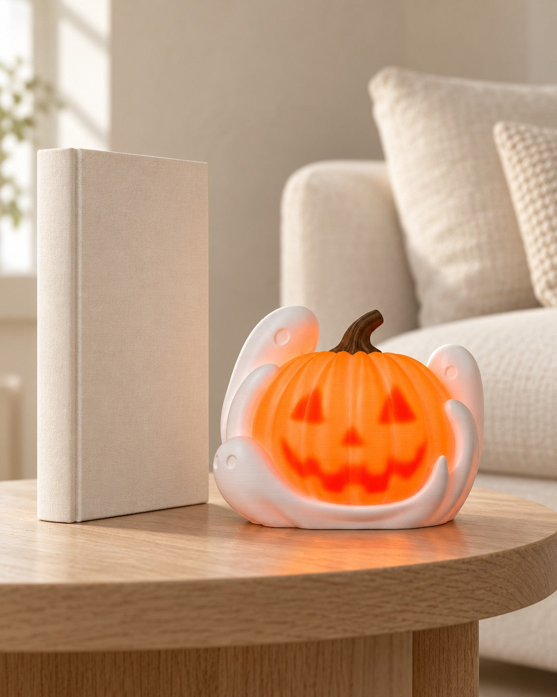 Ghost Pumpkin Lamp in a calm, softly lit interior, shown at true scale
