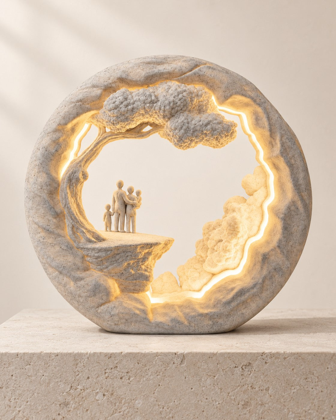 Family Tree Lamp on a pale limestone plinth, soft studio light