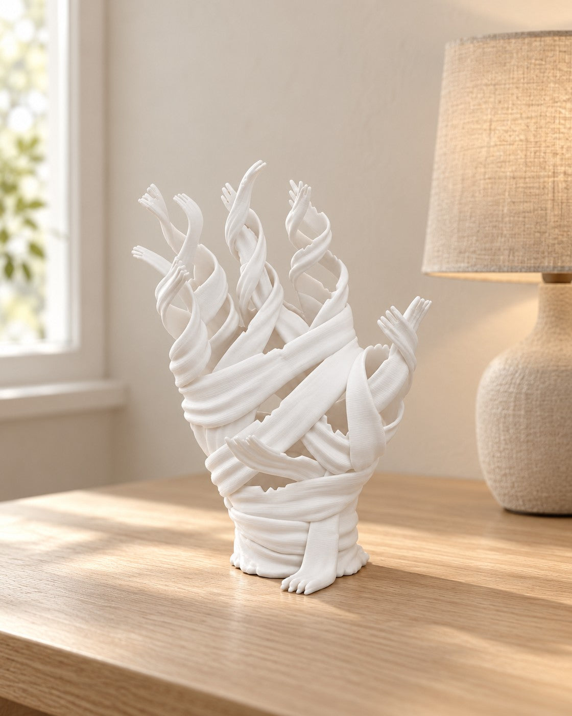 Mummy Hand Controller Holder in a calm, softly lit interior, shown at true scale