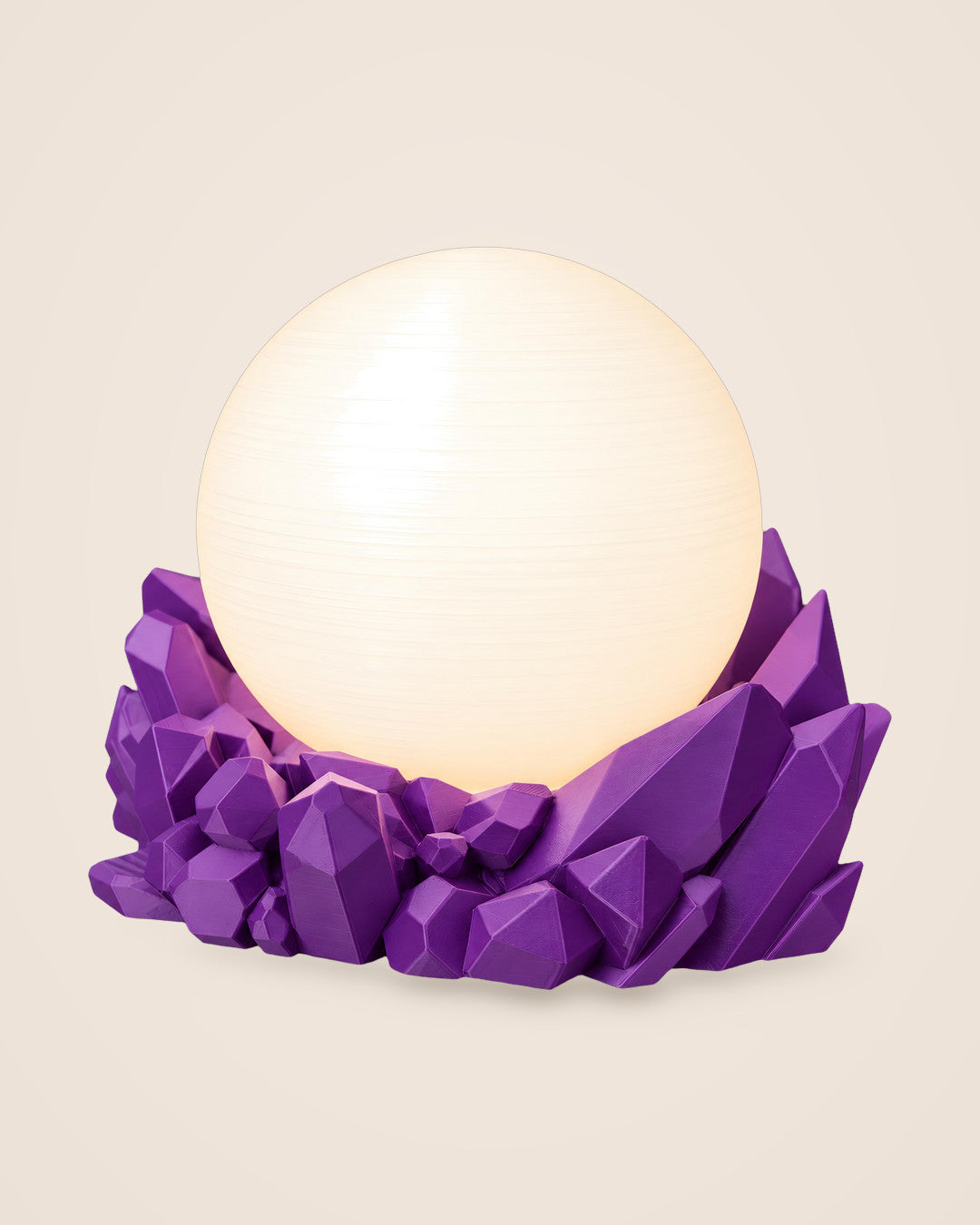 Amethyst Sphere Lamp: Crystal-cluster base cradling a softly glowing matte white sphere