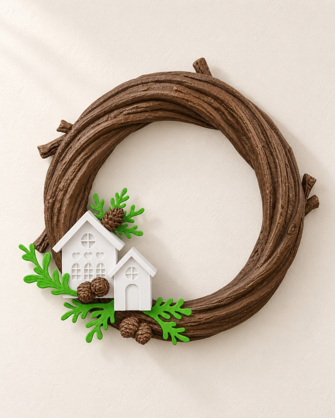Naturally Merry Wreath: Woodland wreath of twisted branches, two snowy houses and pine cones
