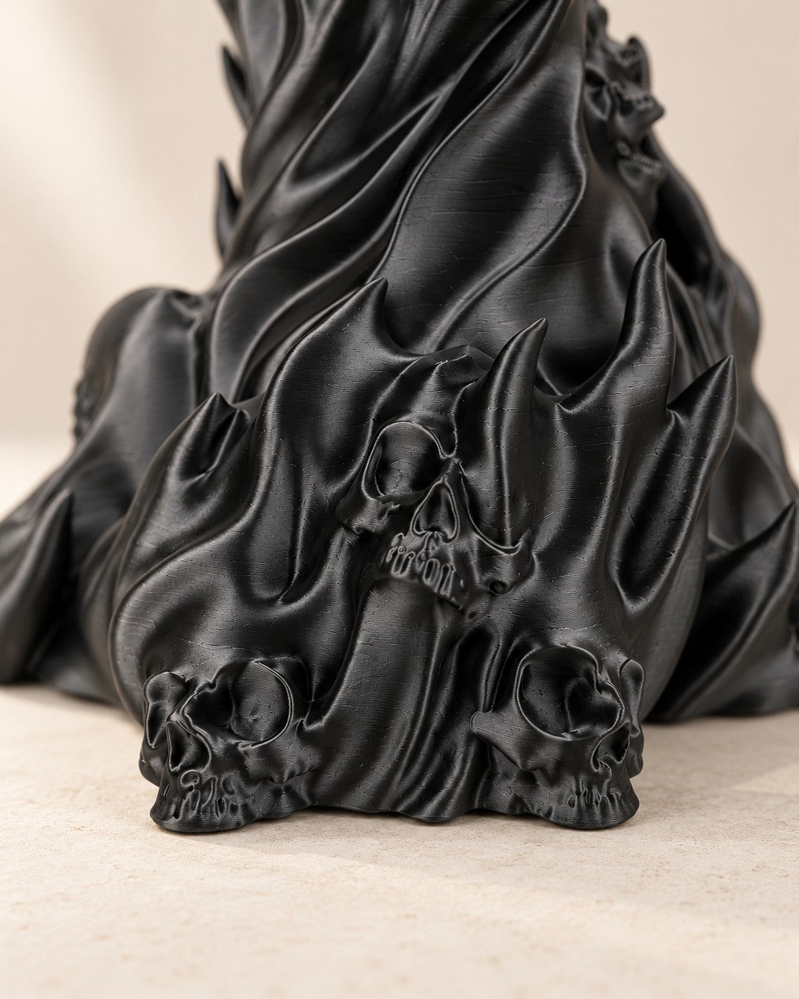 Close-up of the Flame and Skull Stand showing fine printed layer lines