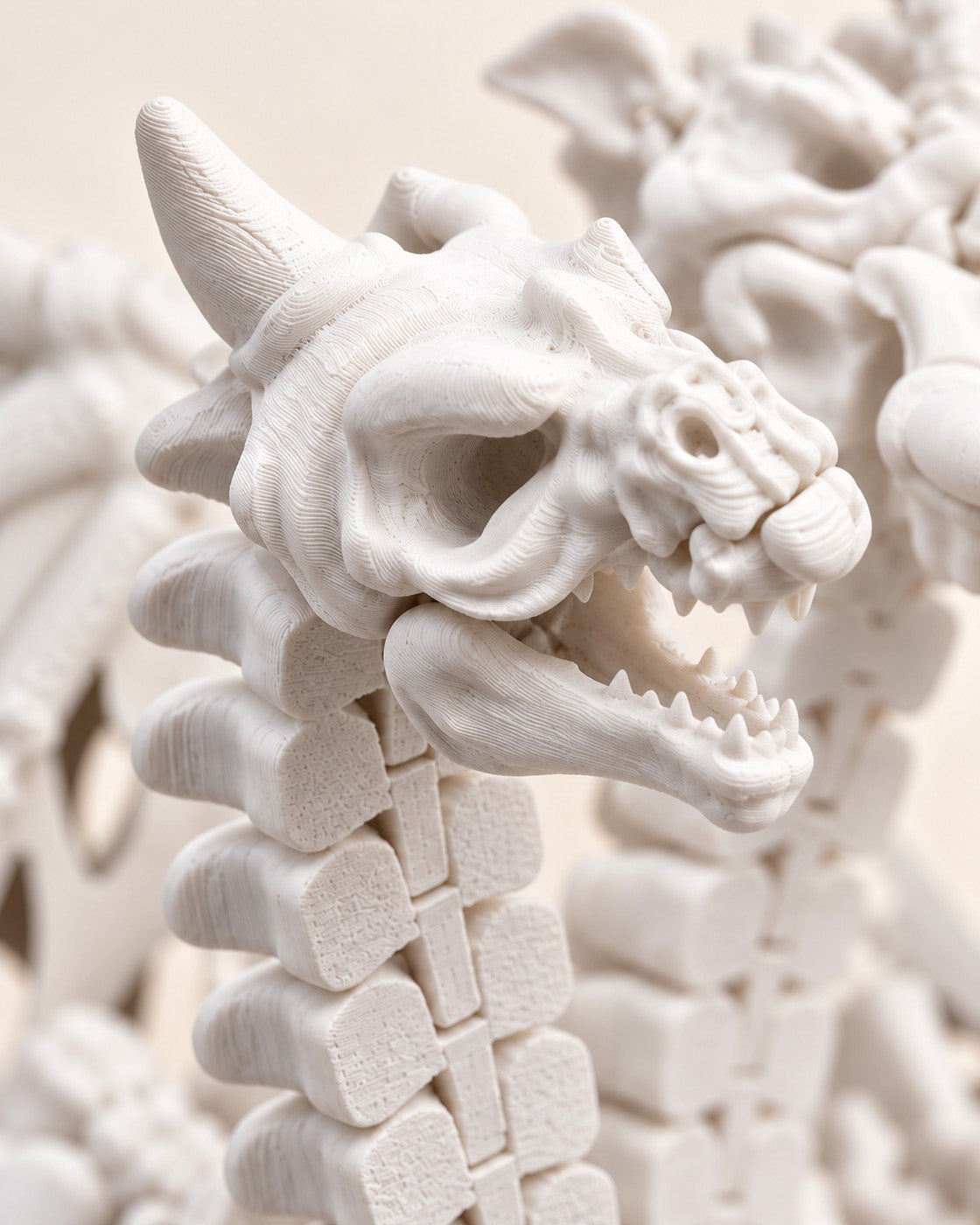 Close-up of the Five-Headed Dragon Skeleton showing fine printed layer lines