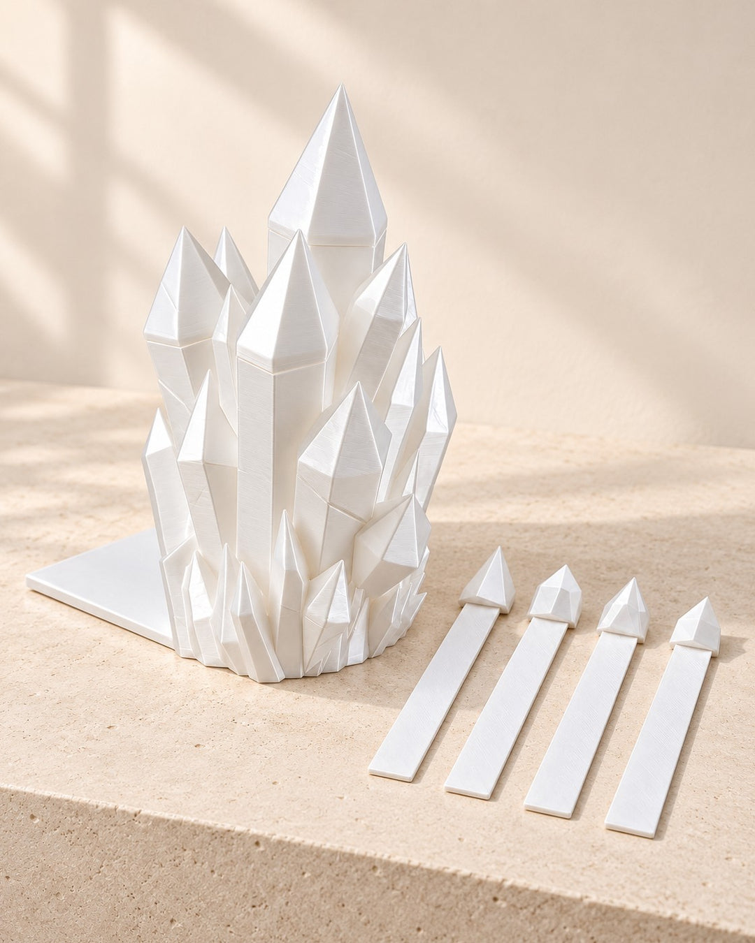 White crystal cluster bookend, front view, on a soft cream background