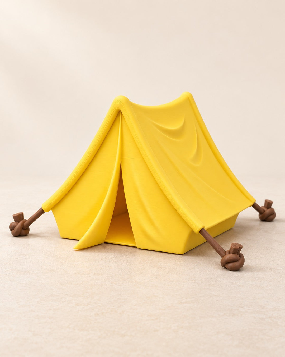 Miniature Camping Tent: Yellow A-frame tent with four staked ropes, for fairy gardens and shelves