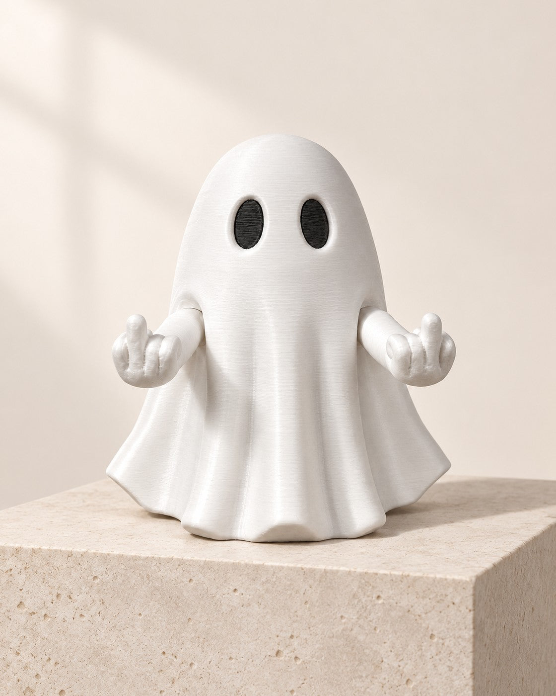 Press-Down Ghost on a pale limestone plinth, soft studio light