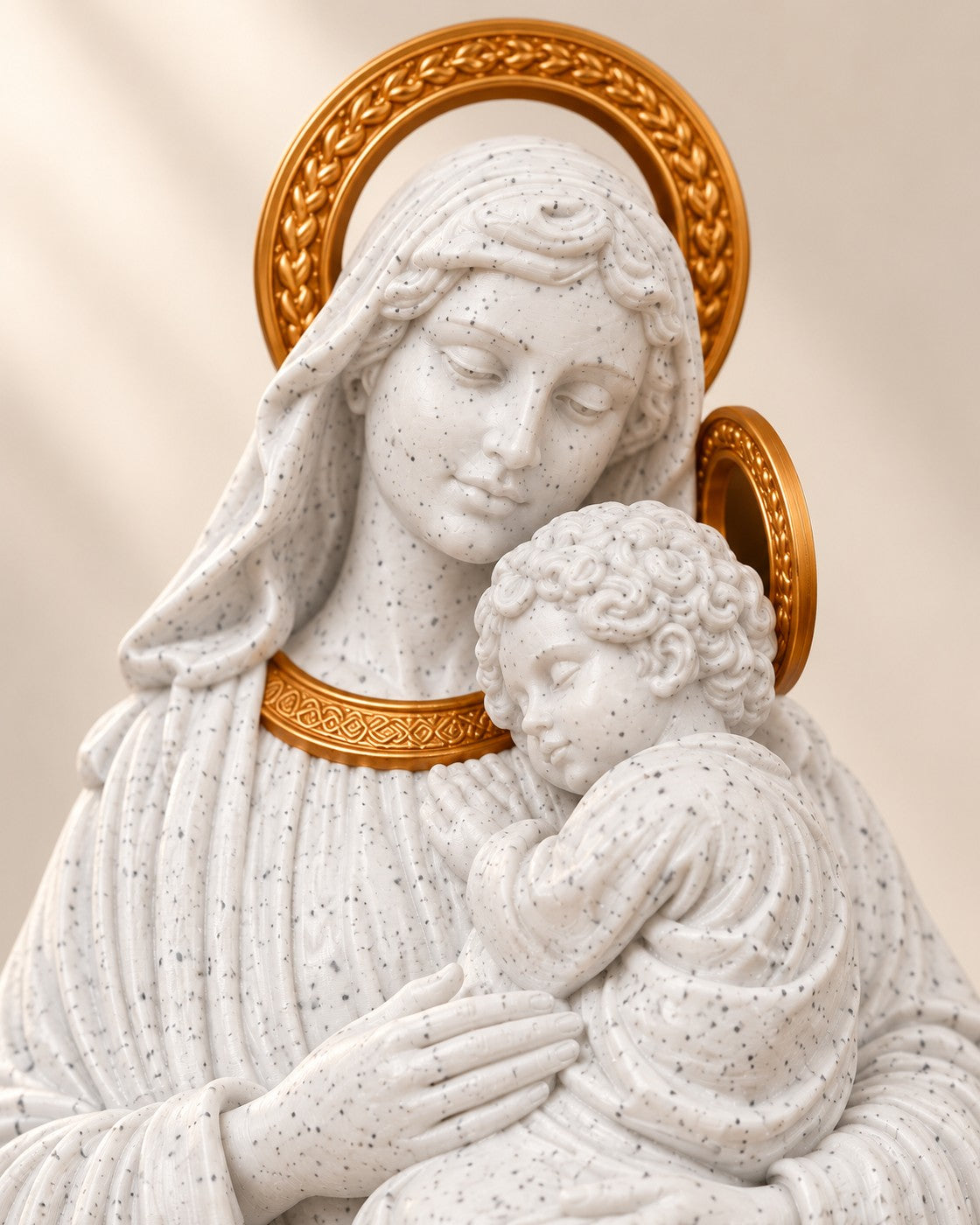 Close-up of the Mary and Child Statue showing fine printed layer lines
