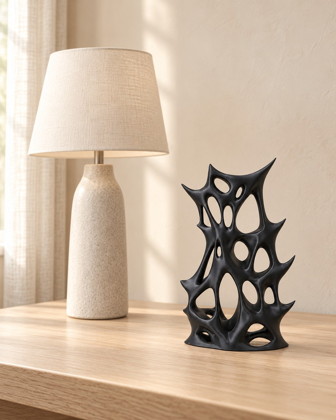 Lattice Headphone Stand in a calm, softly lit interior, shown at true scale