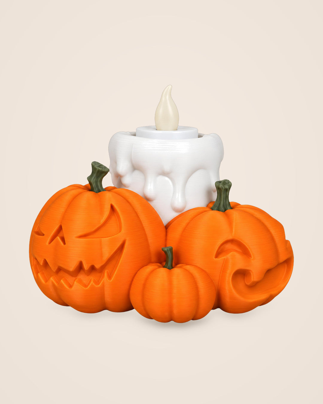 Pumpkin Cluster Tealight Holder: Five matte orange pumpkins around a dripping-wax candle