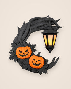 Pumpkin Moon Wreath: Crescent branch with two jack-o'-lanterns and a hanging lantern