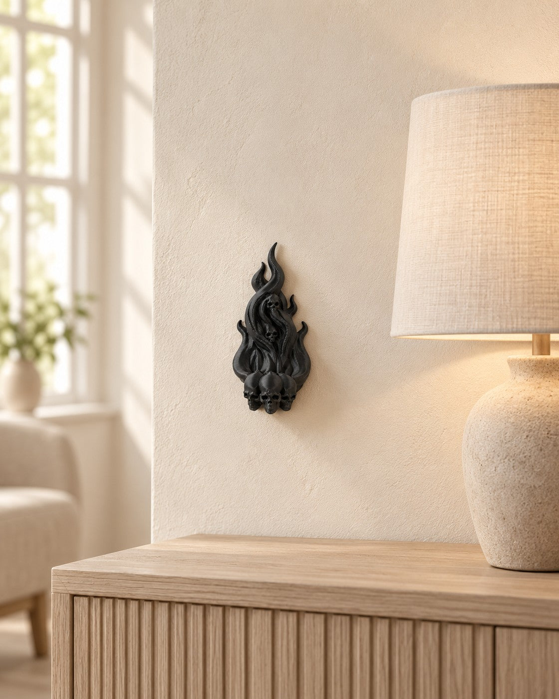 Dark Ember Headphone Hook in a calm, softly lit interior, shown at true scale