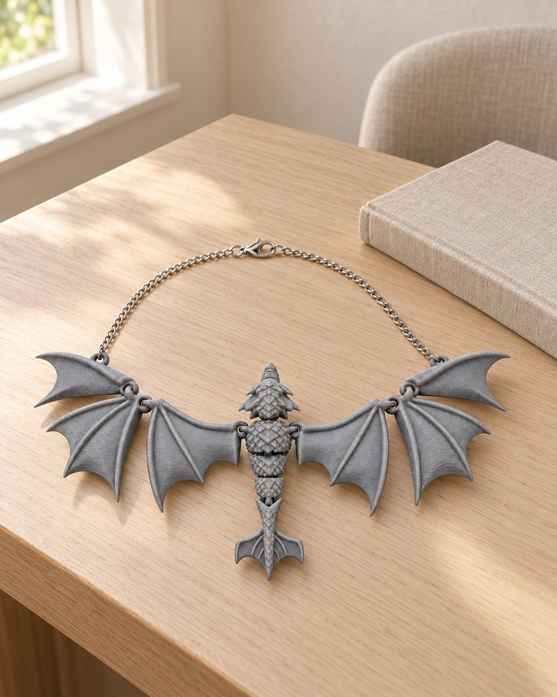 Soaring Fang Necklace in a calm, softly lit interior, shown at true scale