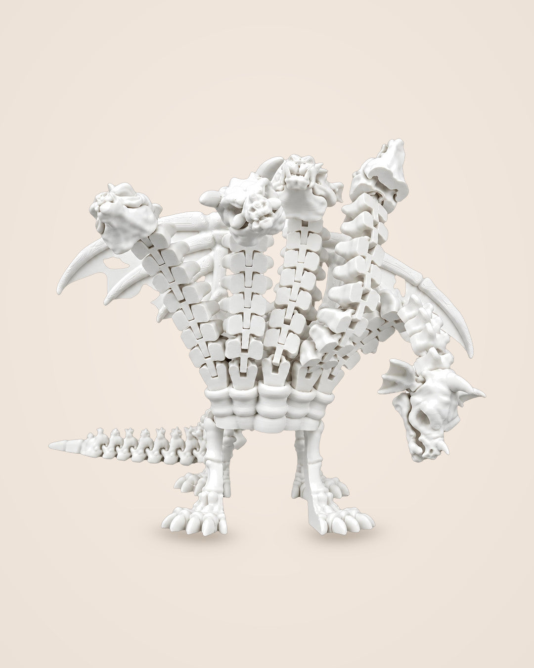 Five-Headed Dragon Skeleton: Bone-white dragon with five bending necks and a segmented tail