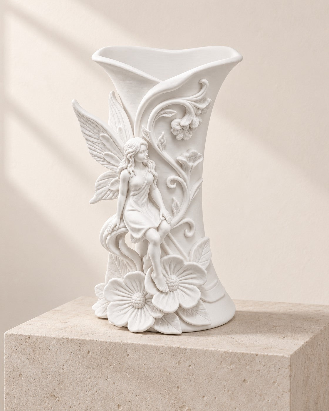 Fairy Vase on a pale limestone plinth, soft studio light