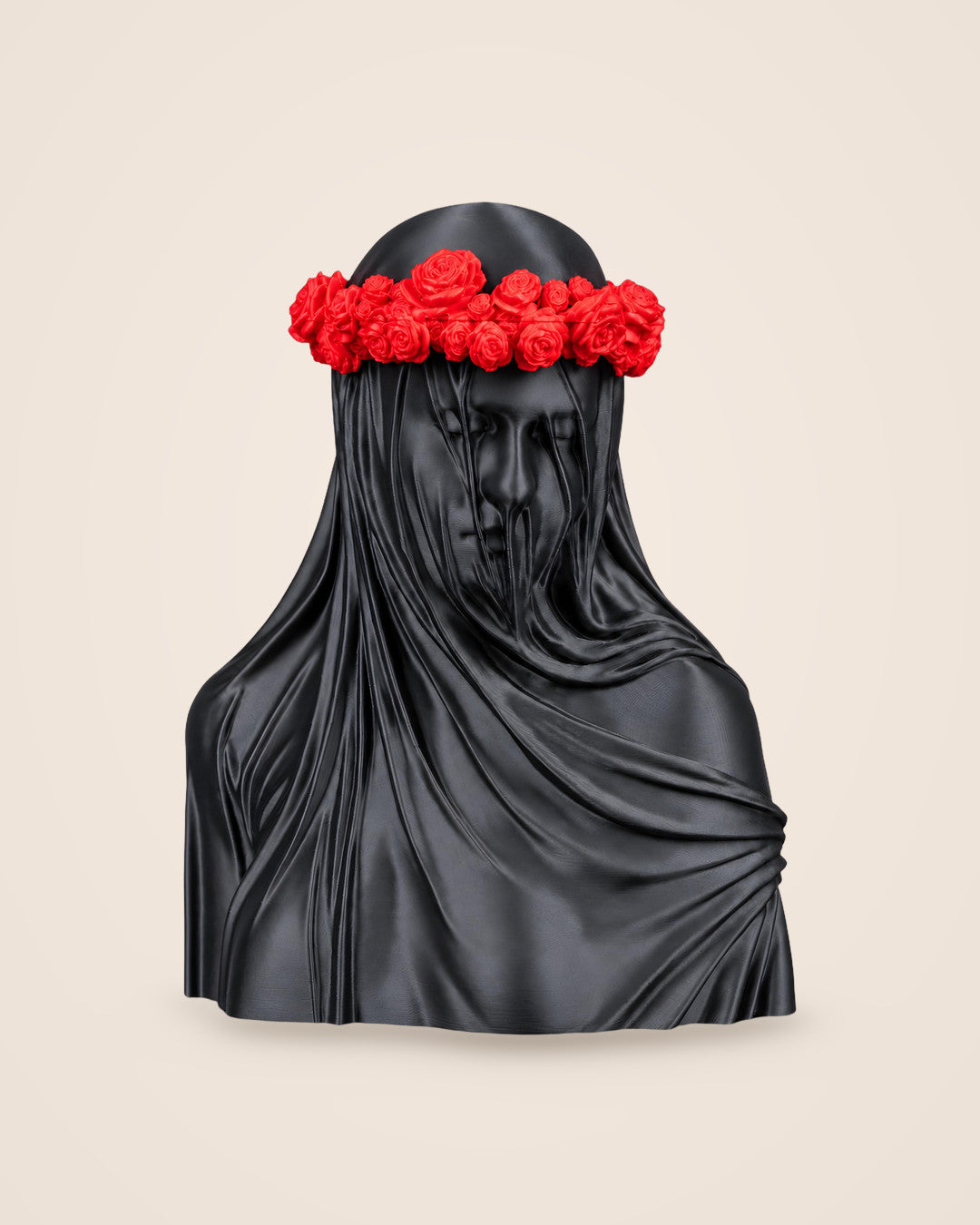 Veiled Rose Bust: A black satin bust crowned with scarlet roses