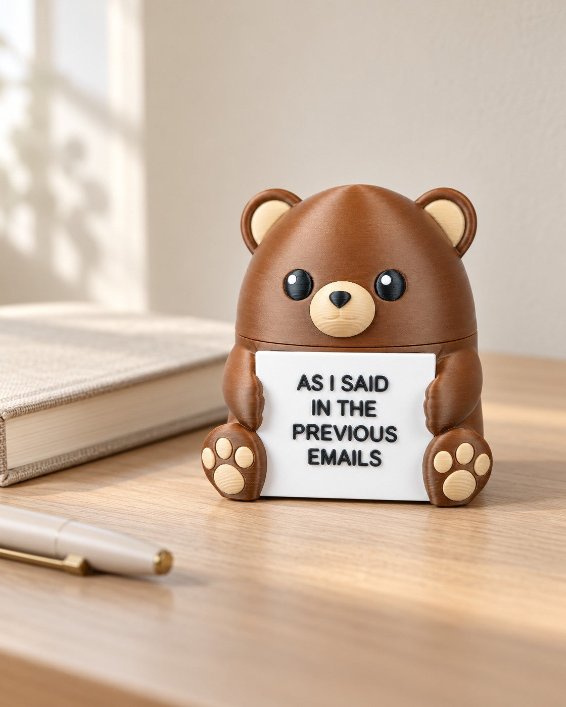 Steady Bear in a calm, softly lit interior, shown at true scale
