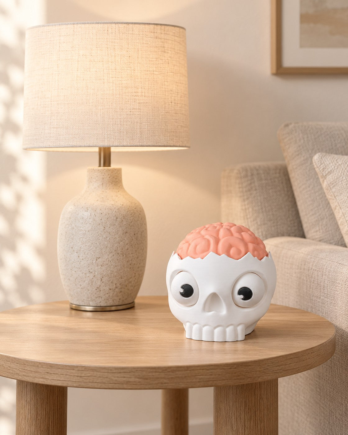 Brain Skull Candy Bowl in a calm, softly lit interior, shown at true scale