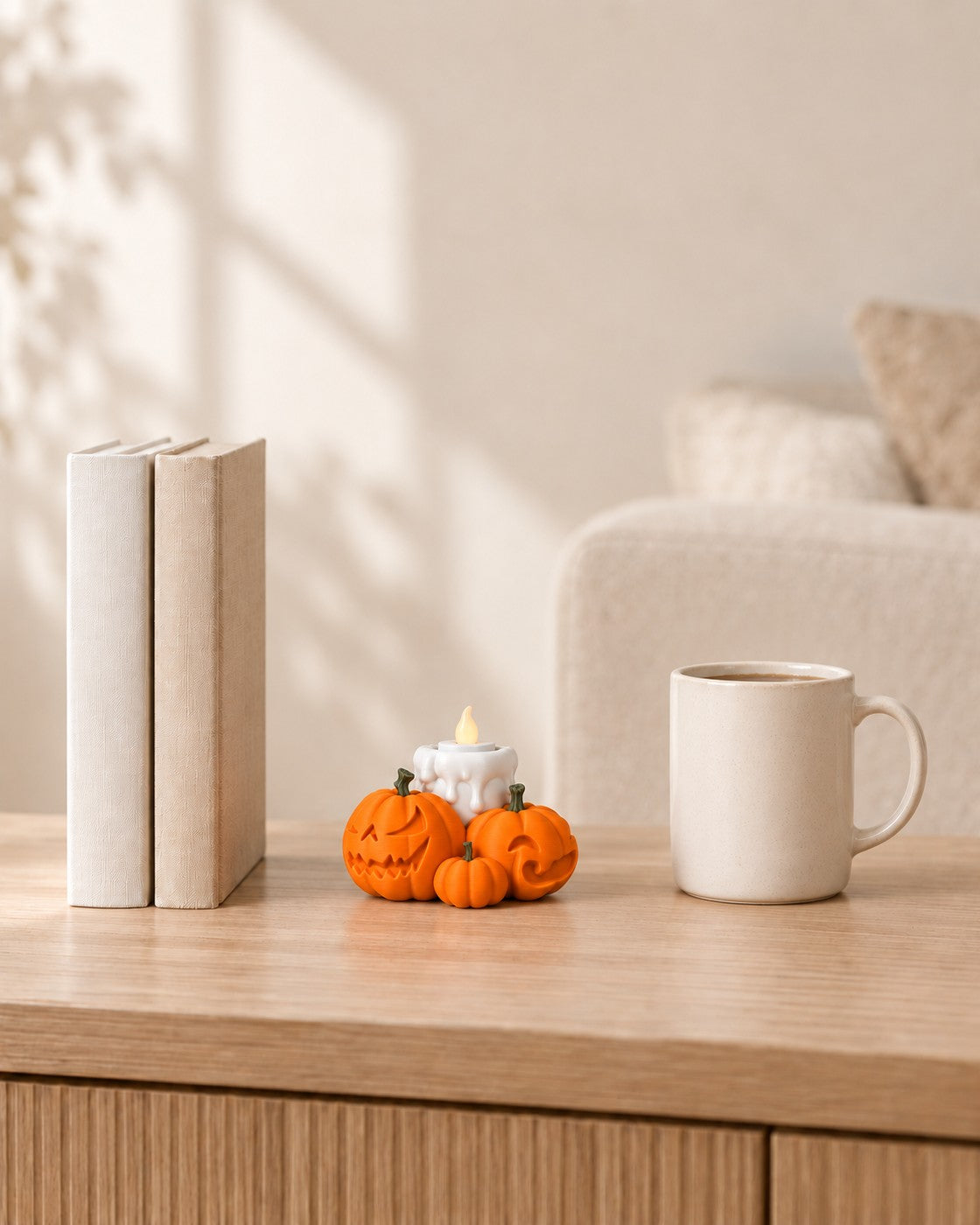 Pumpkin Cluster Tealight Holder in a calm, softly lit interior, shown at true scale