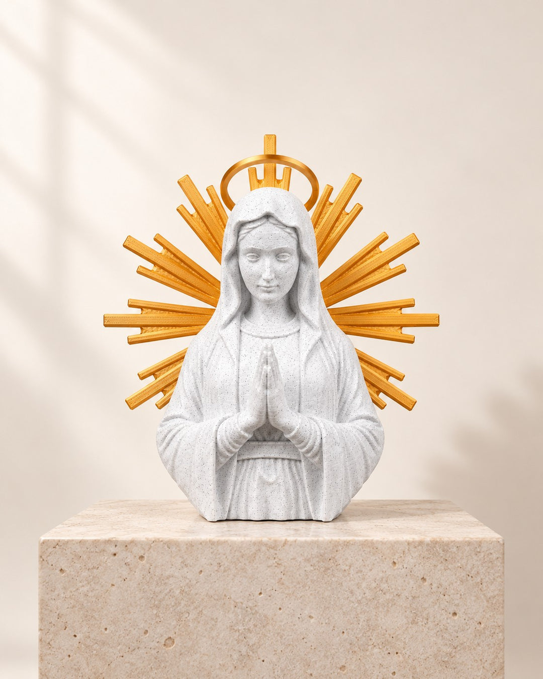 Holy Mary Sunburst Bust: Praying bust in white and gold, framed by a sunburst and halo, for table or wall