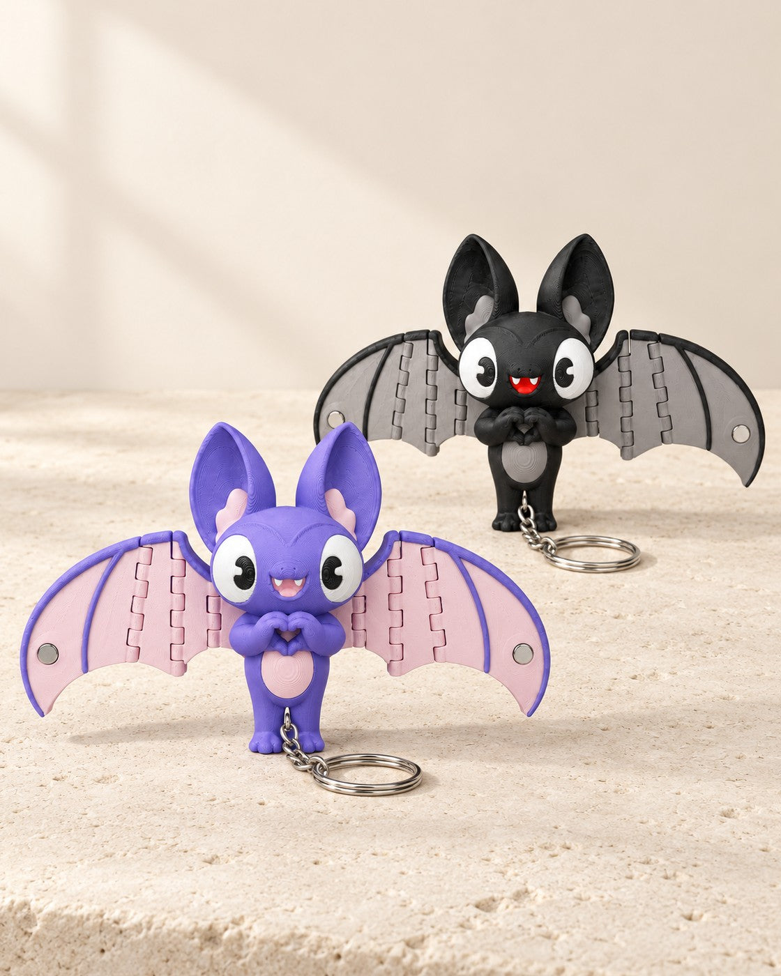Love Bat Keyring Duo on a pale limestone plinth, soft studio light