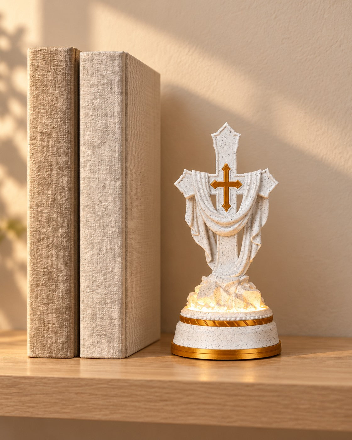 Illuminated Draped Cross in a calm, softly lit interior, shown at true scale
