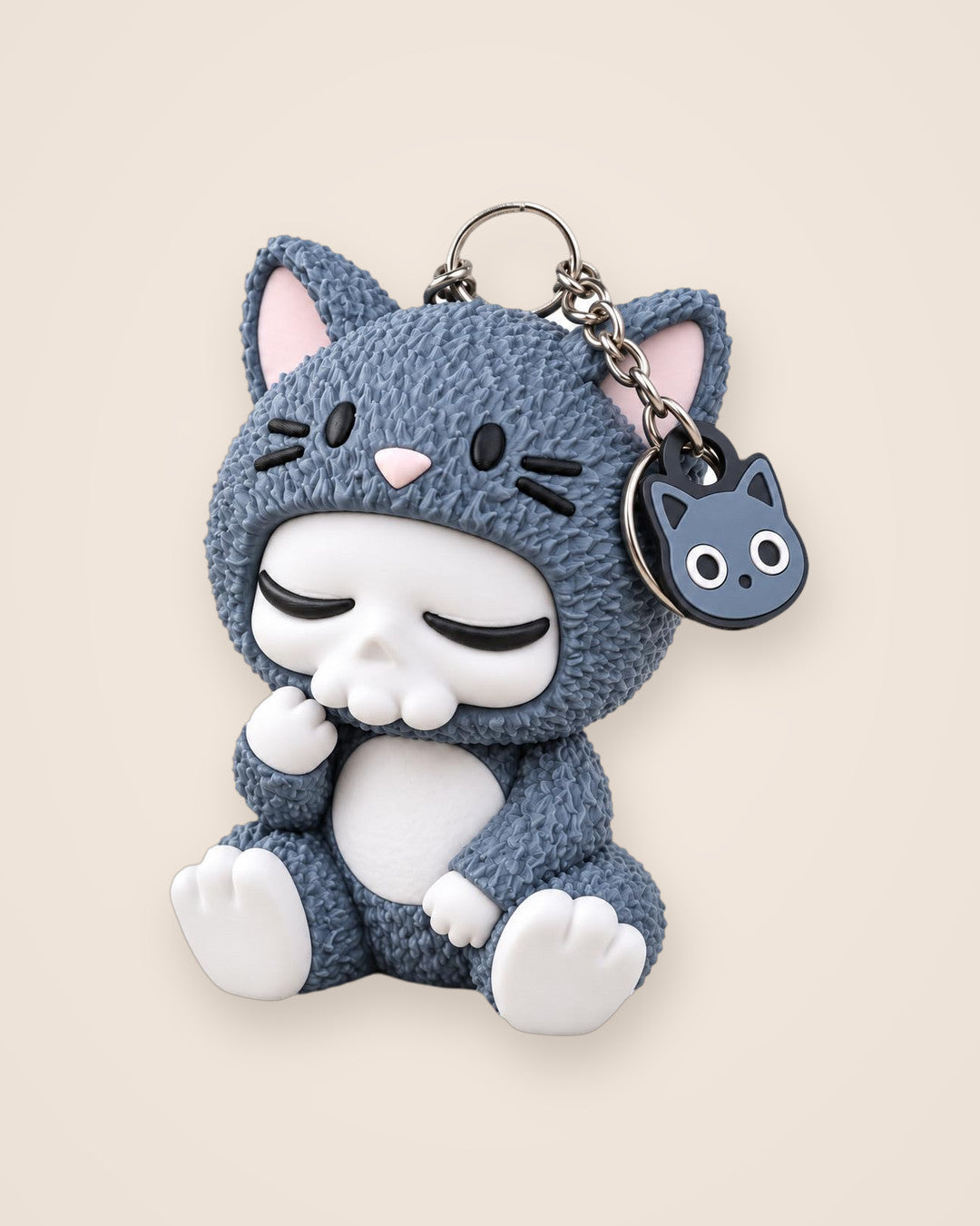 Sleepy Cat Skull Charm: A cat-hooded skull character keyring and bag charm