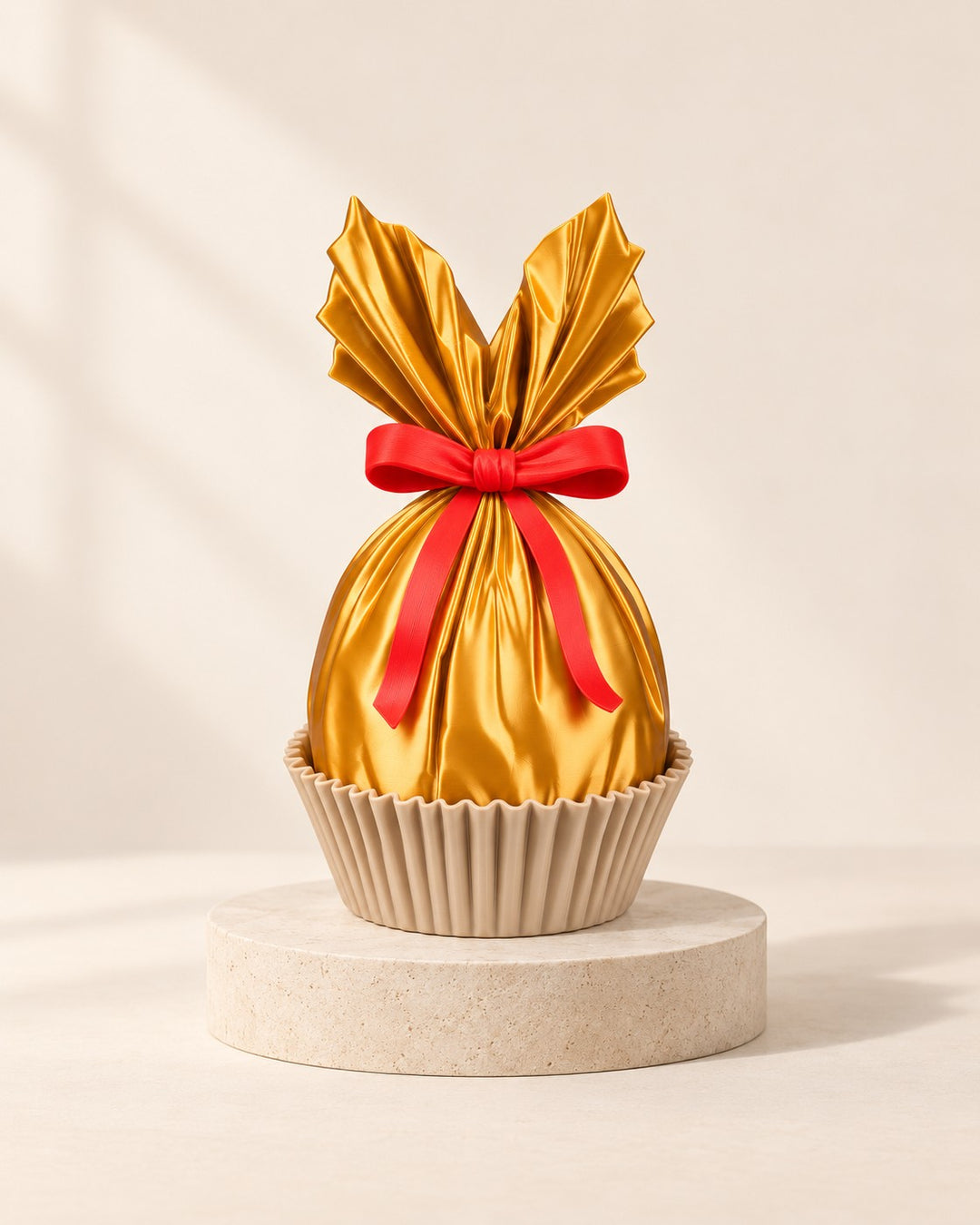 Gold Wrapped Treat Dish: Lift-off sweet dish with a pleated gold wrapper and red bow