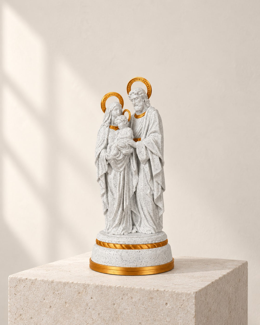 Holy Family Statue: Illuminated 16 cm figure in speckled stone effect with gold-tone details