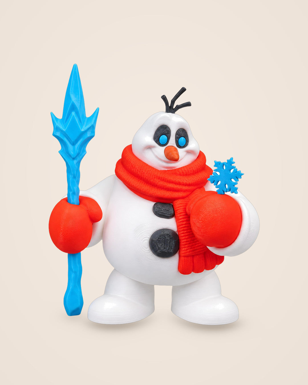 Snow Sentinel Snowman: Festive snowman figurine with an icy spear and a red scarf
