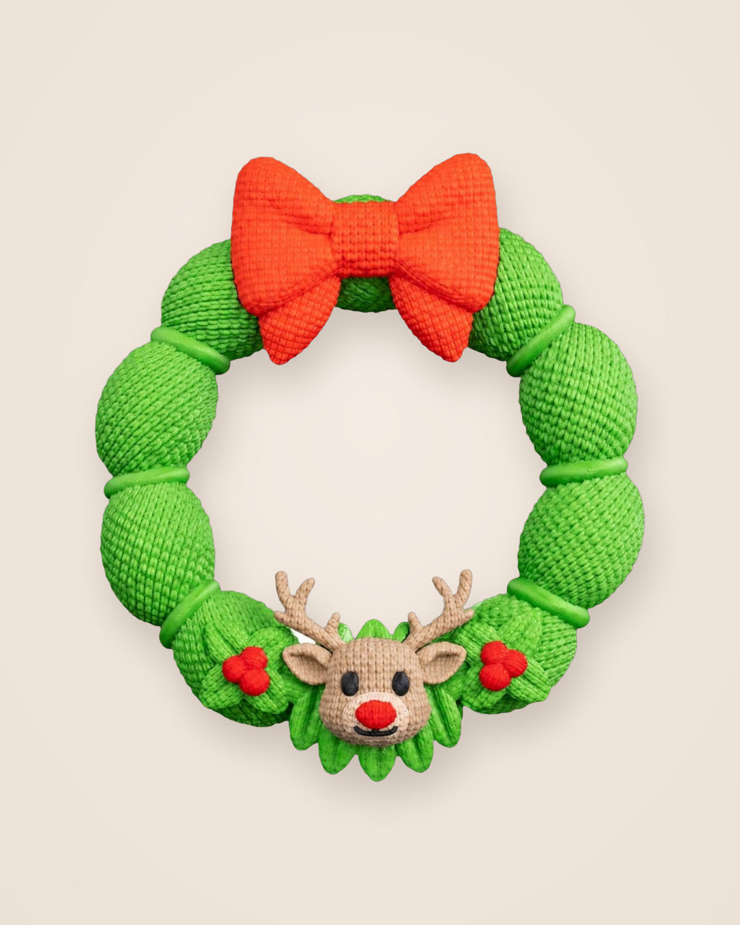 Reindeer Christmas Wreath: Compact 21 cm wreath with a red bow, beige antlers and a knit-look finish