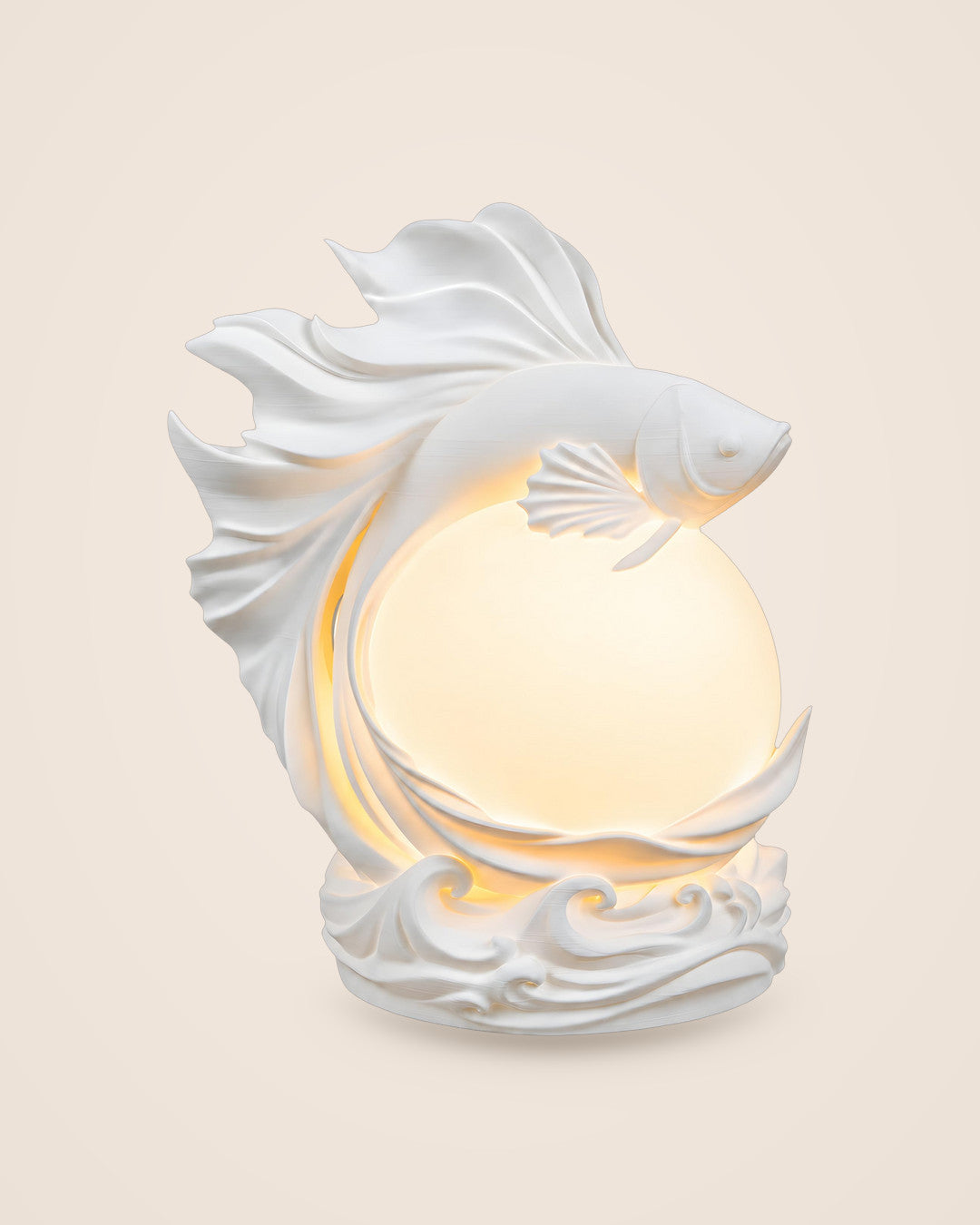 Betta Sphere Lamp: Sculpted betta arcing over a softly glowing frosted orb