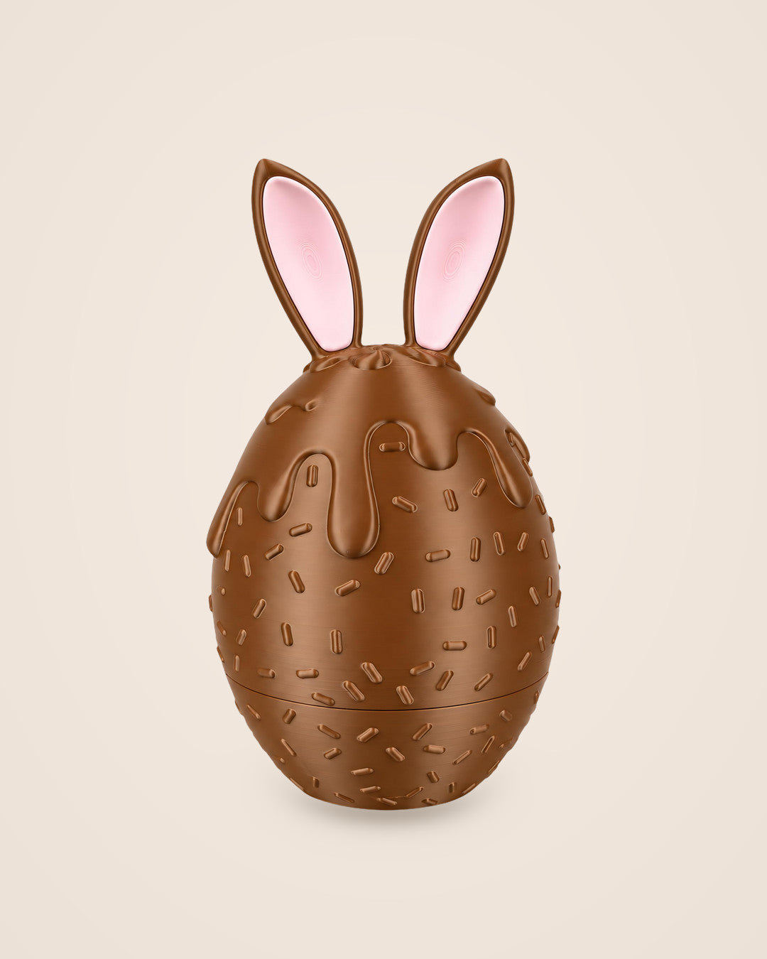 Sprinkle Bunny Egg: Lift-off chocolate-brown egg with icing drips and pink-eared bunny top