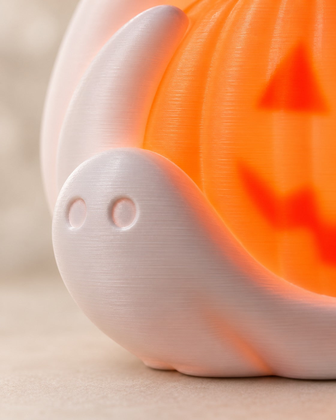 Close-up of the Ghost Pumpkin Lamp showing fine printed layer lines
