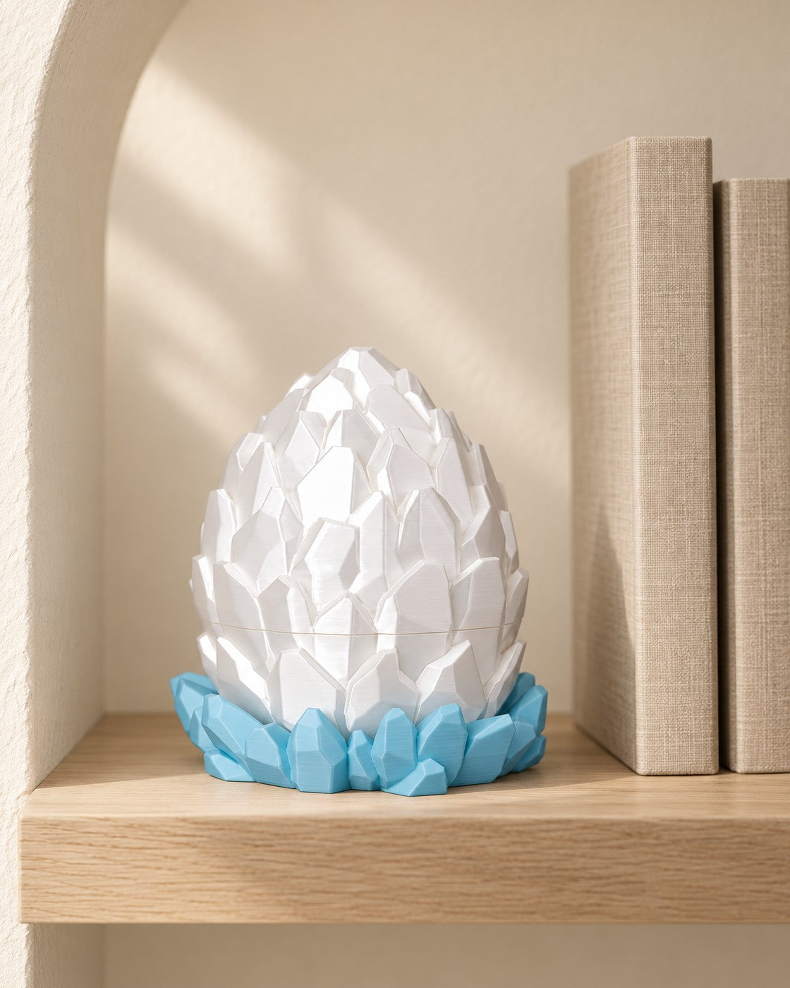 Crystal Dragon Egg in a calm, softly lit interior, shown at true scale