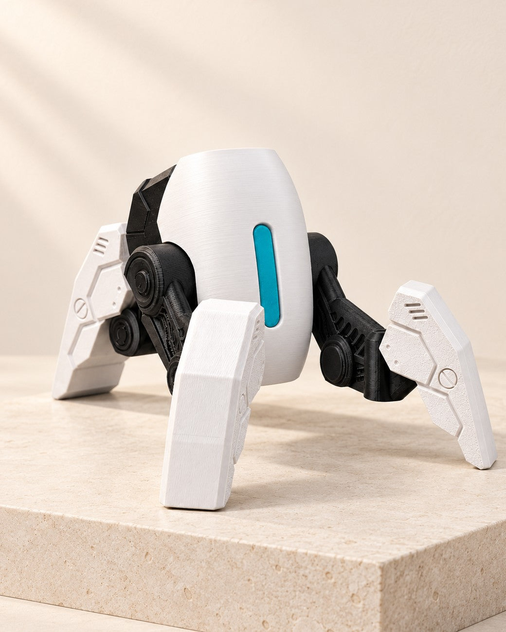 Mech Controller Stand on a pale limestone plinth, soft studio light