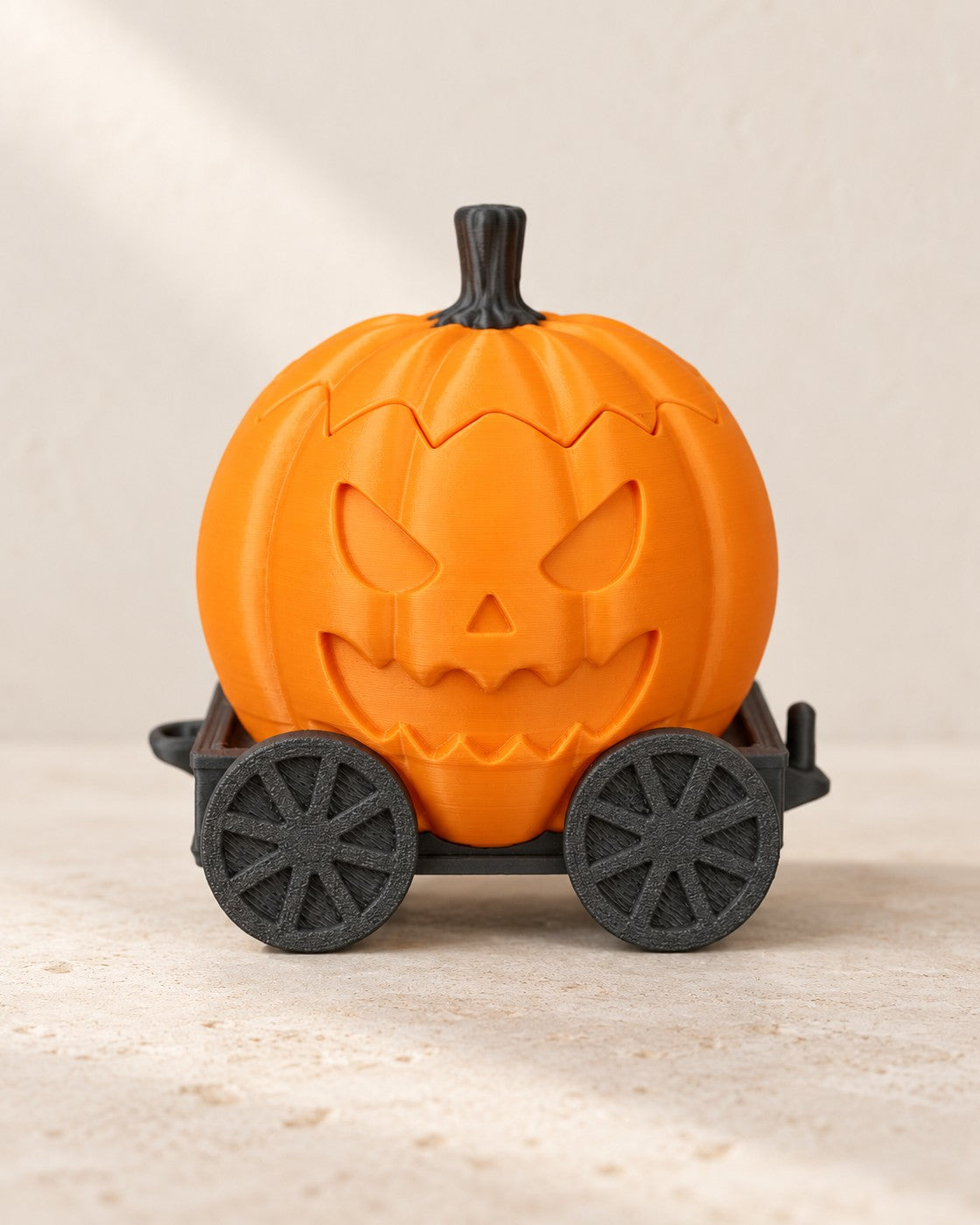 Close-up of the Haunted Pumpkin Train showing fine printed layer lines