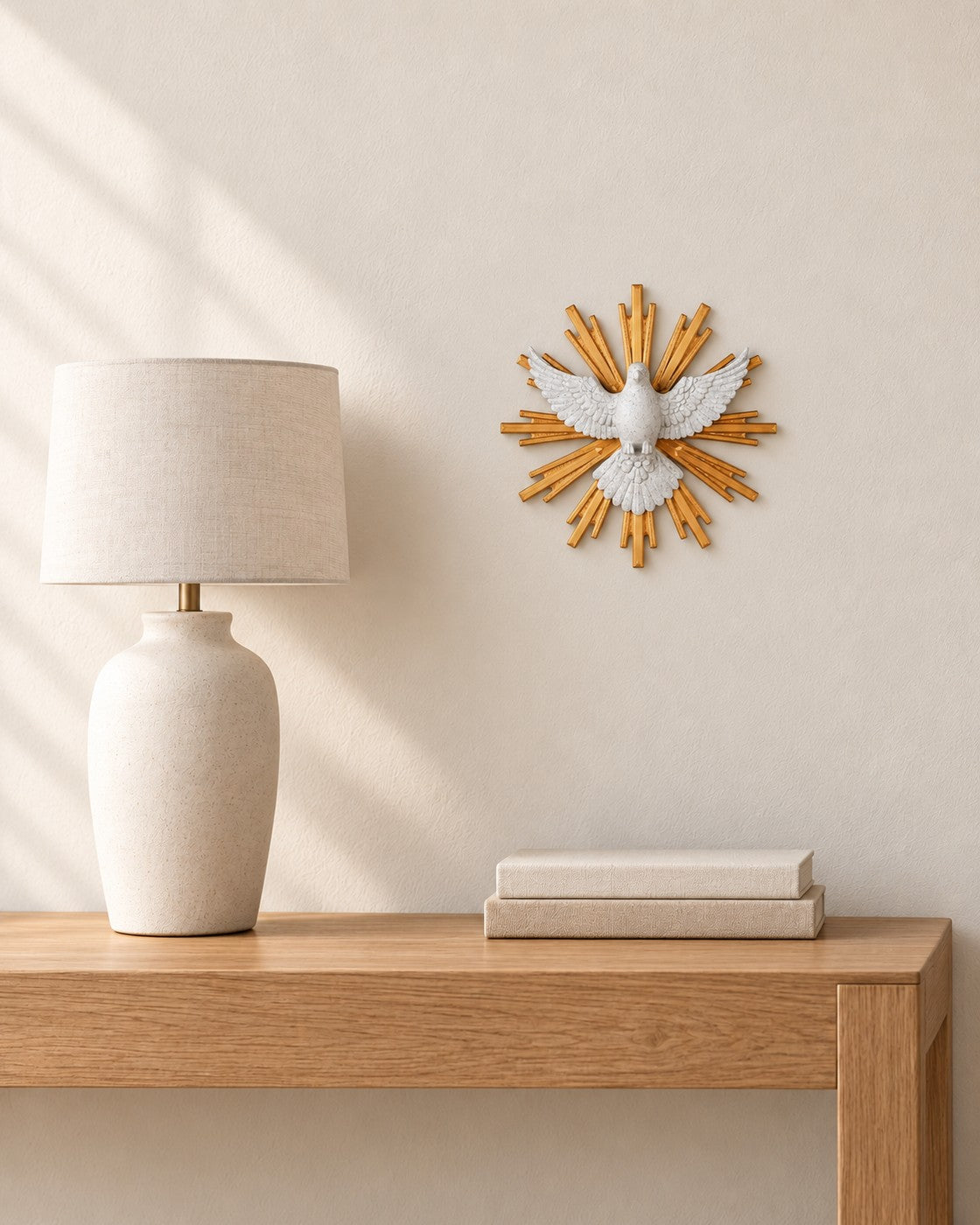 Dove of Peace Wall Art in a calm, softly lit interior, shown at true scale