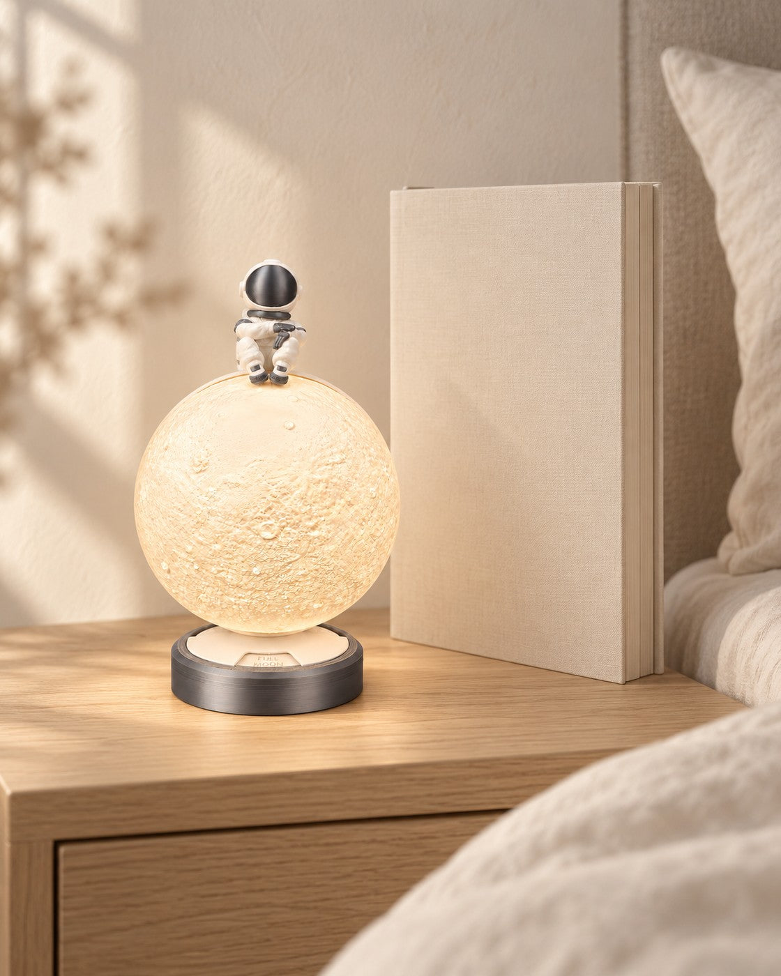 Moon Phase Astronaut Lamp in a calm, softly lit interior, shown at true scale