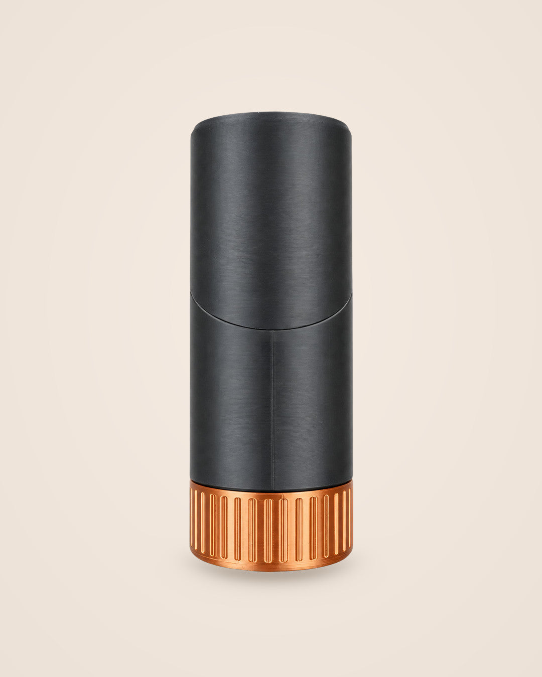 Hidden Pen Headphone Stand: Slim black column with a hinged hood and copper-coloured base