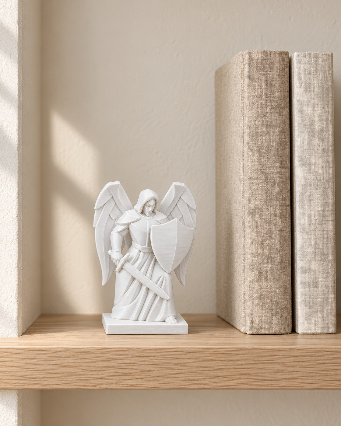 Archangel Michael Statue in a calm, softly lit interior, shown at true scale