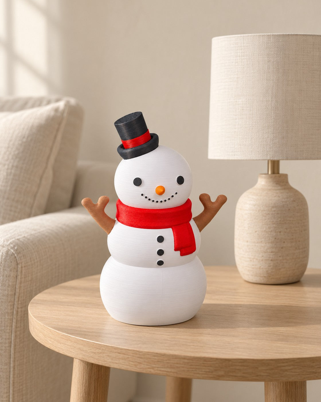 Snowman Storage Jar in a calm, softly lit interior, shown at true scale