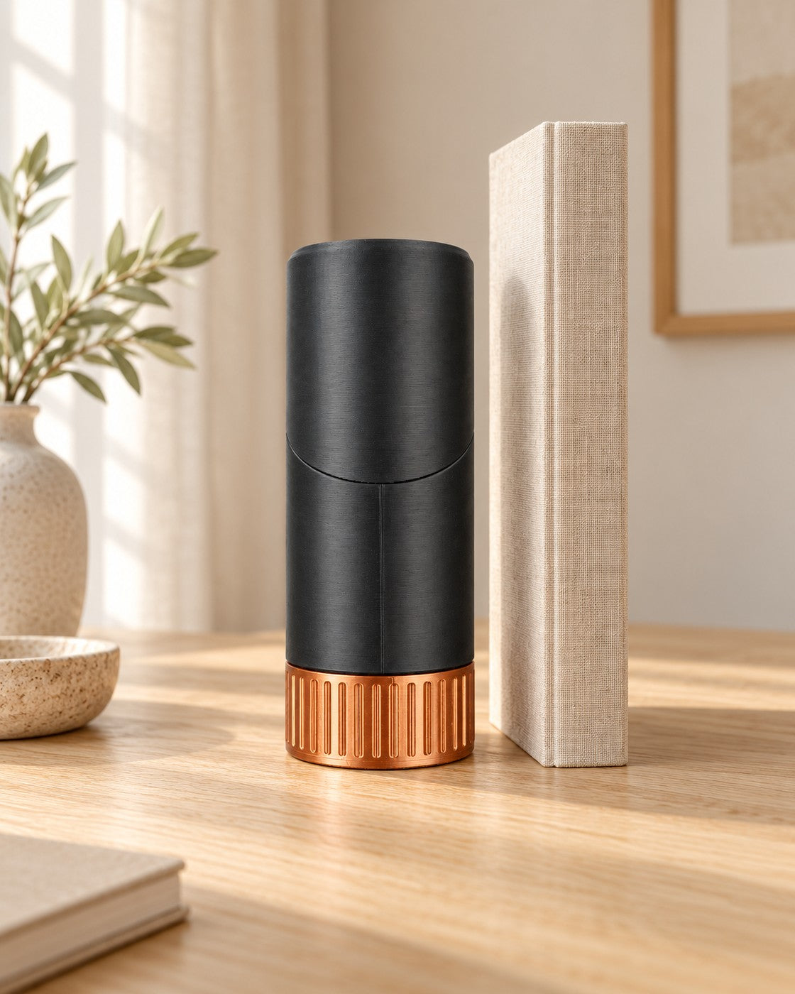 Hidden Pen Headphone Stand in a calm, softly lit interior, shown at true scale