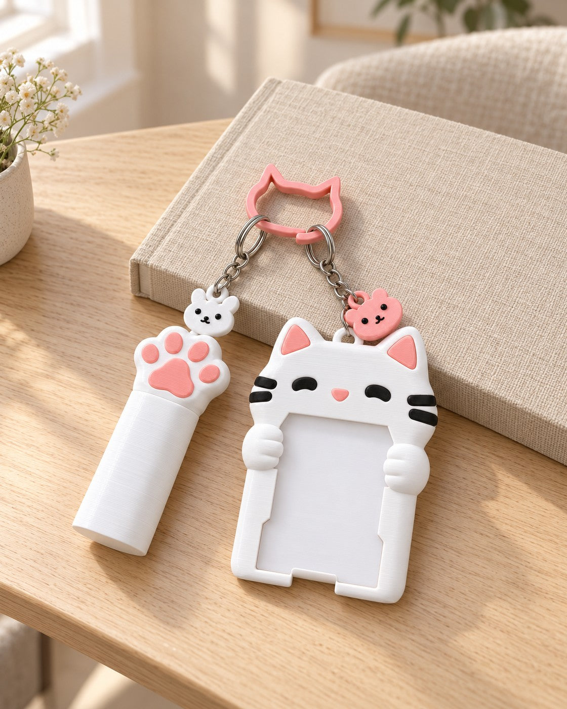 Cat Photocard Keyring Set in a calm, softly lit interior, shown at true scale