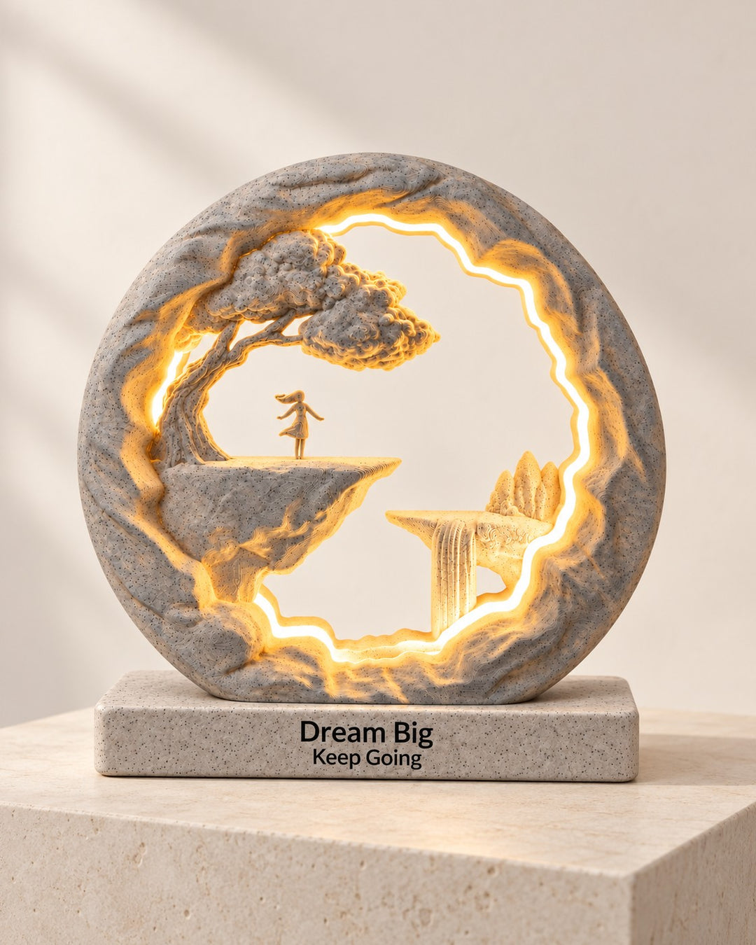 The Dreamer Lamp, Personalised: Cliff-edge scene lamp with your own words on the plinth