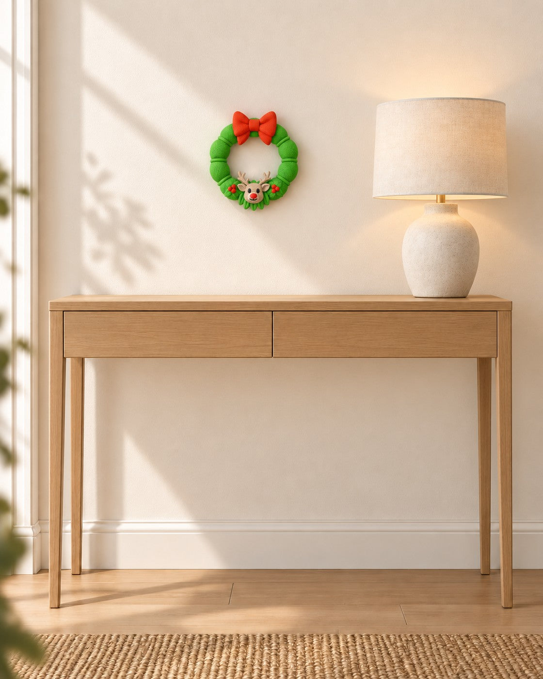 Reindeer Christmas Wreath in a calm, softly lit interior, shown at true scale