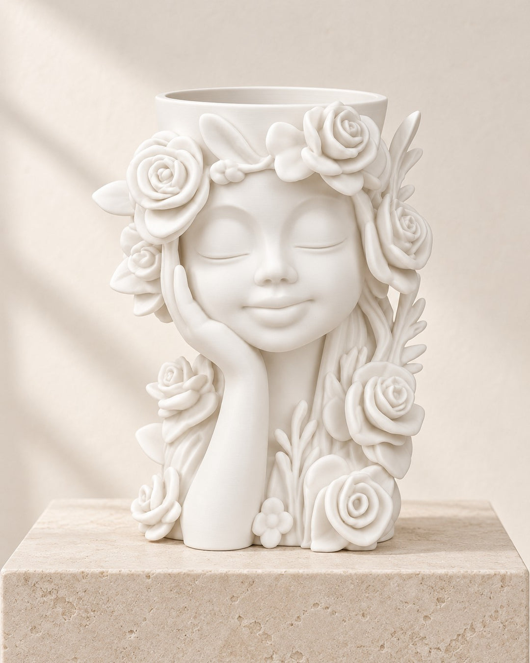Girl Face Planter: Sculptural face planter with rose relief, in smooth matte white