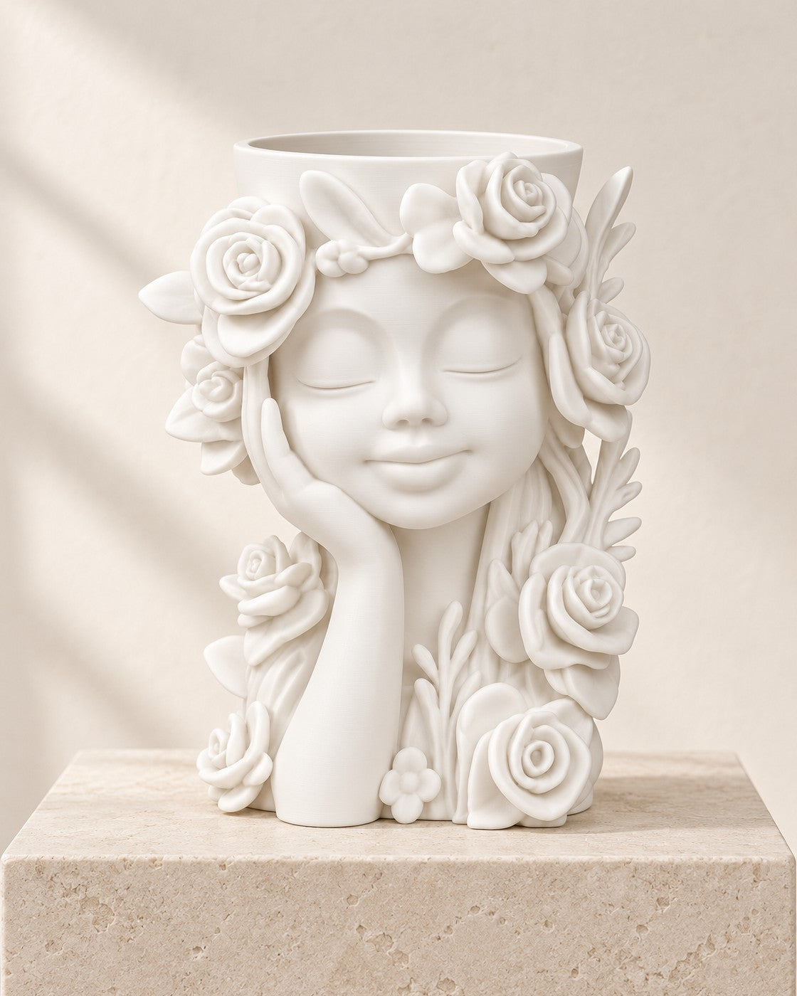 Girl Face Planter on a pale limestone plinth, soft studio light