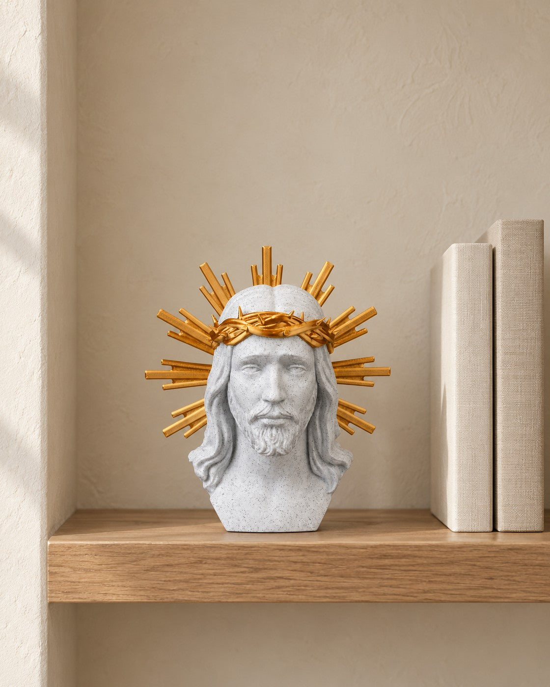 Sacred Bust with Gold Halo in a calm, softly lit interior, shown at true scale